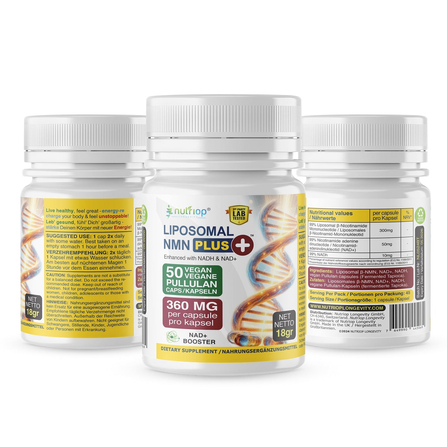 Nutriop Longevity® Max Strength LIPOSOMAL NMN PLUS +, Enhanced with NADH & NAD+ - 360mg High-Potency Capsules (50 Count) - 18g